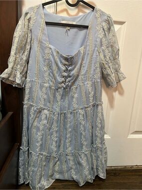 Adelyn Rae Powder Blue Lace-Trim Babydoll Mini Dress